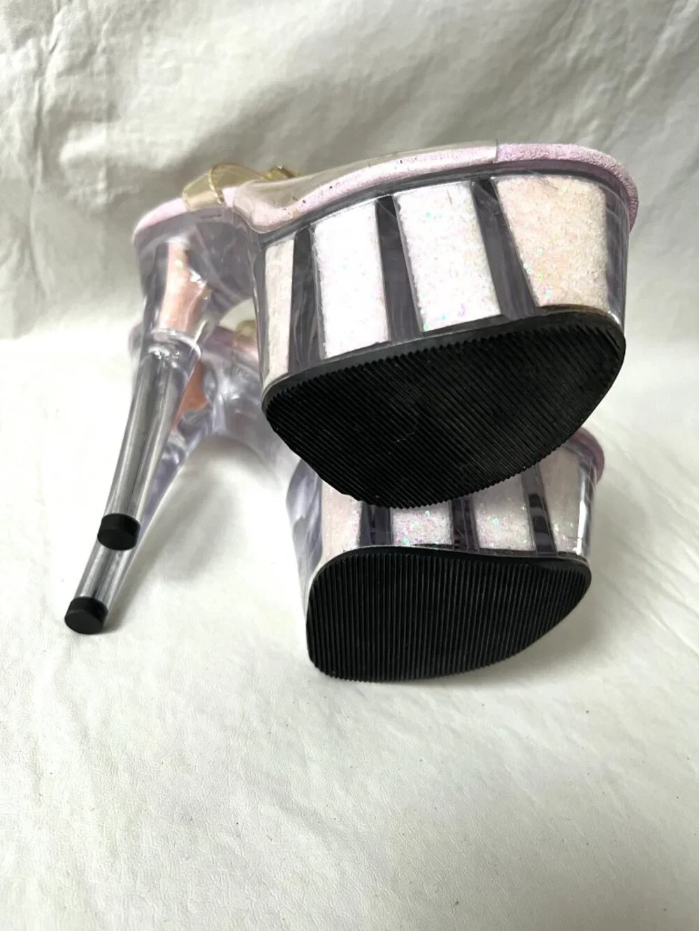 Pleaser platform high heels womens 8 clear plastic Adore-708UVG glitter UV glow